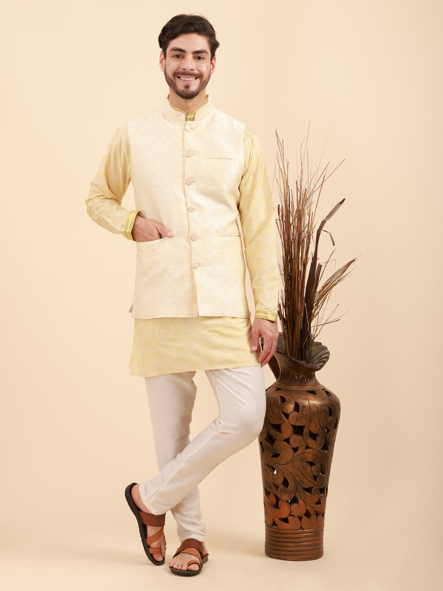 Mandarin Collar Kurta Pyjama Set with Nehru Jacket