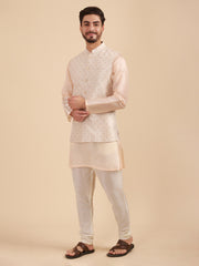 Men Art Silk Kurta & Pyjama Set with Nehru Jacket