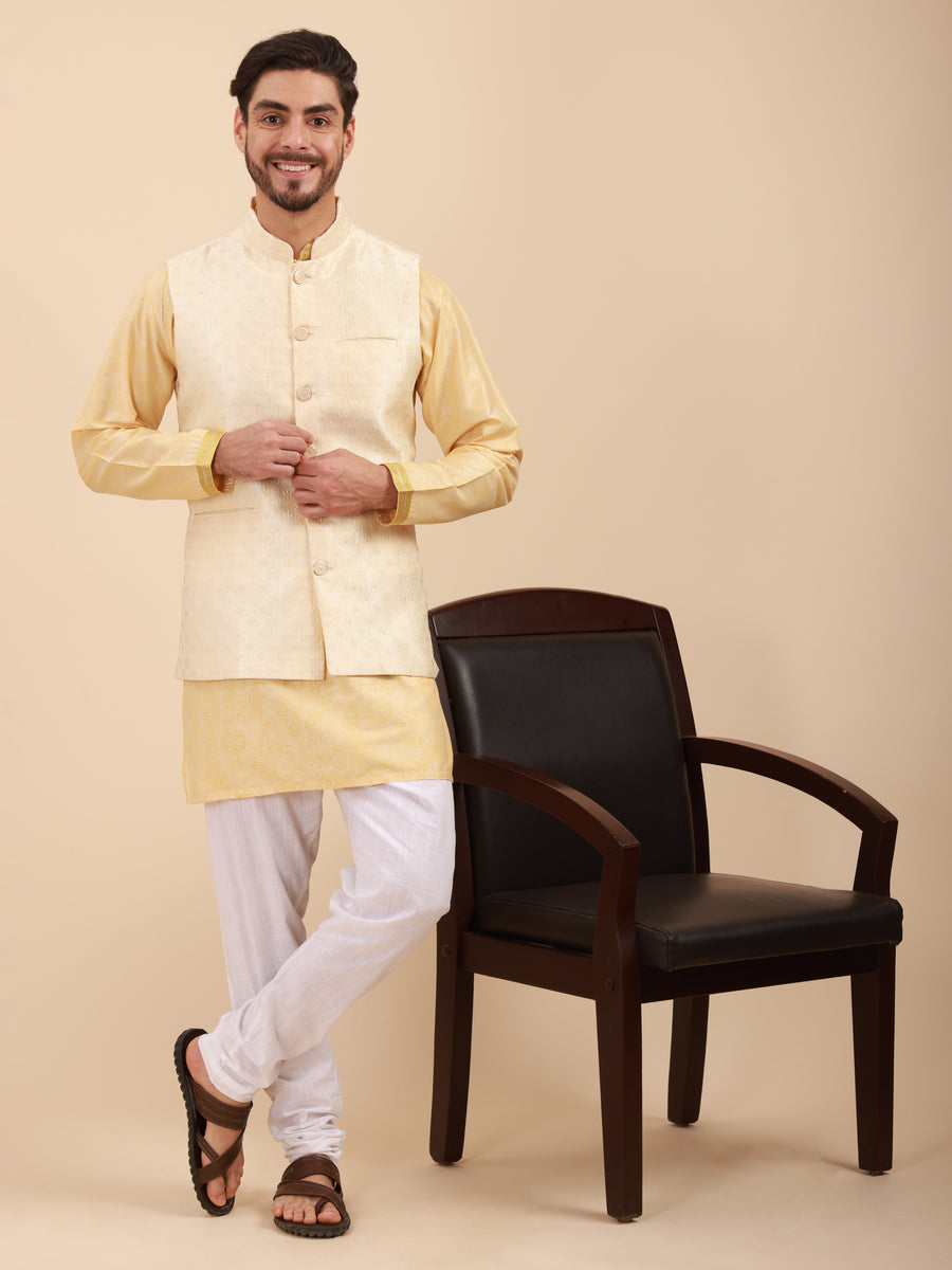 Mandarin Collar Regular Fit Kurta Pyjama Set with Nehru Jacket