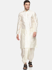 Men Cream Colour Art Silk Kurta Dhoti Pant Set