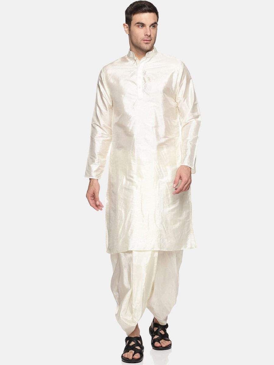 Men Cream Colour Art Silk Kurta Dhoti Pant Set