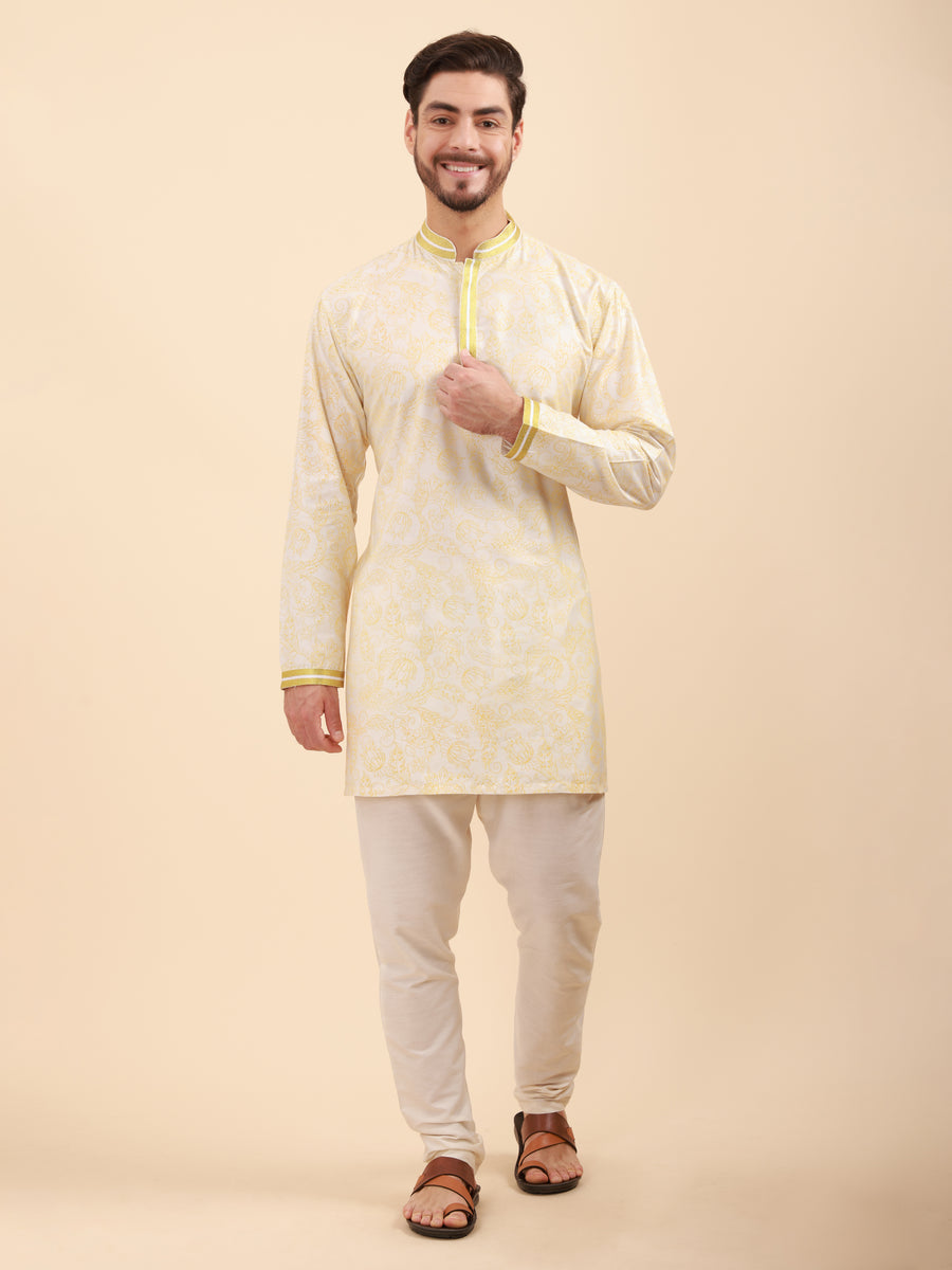 Men Floral Print Poly Viscose Mandarin Collar Kurta
