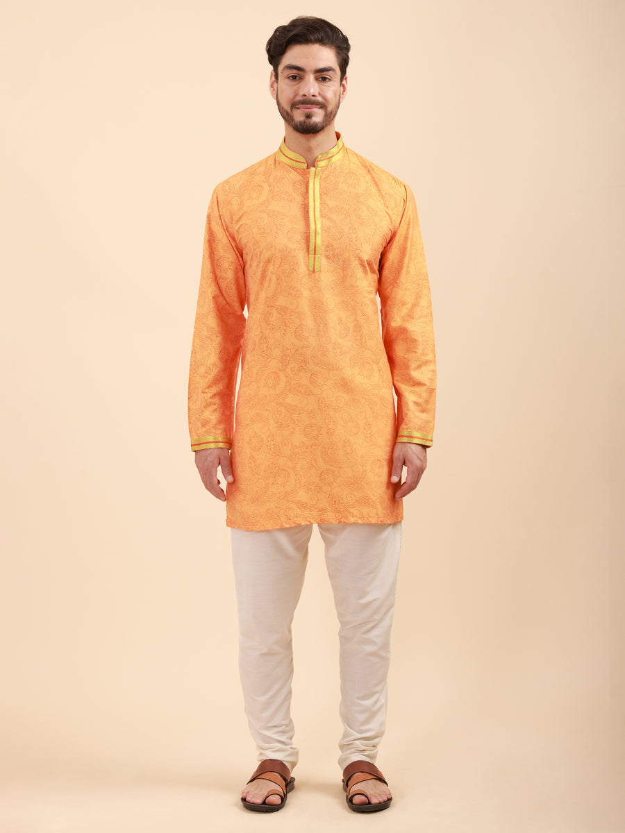 Men Floral Print Poly Viscose Mandarin Collar Kurta