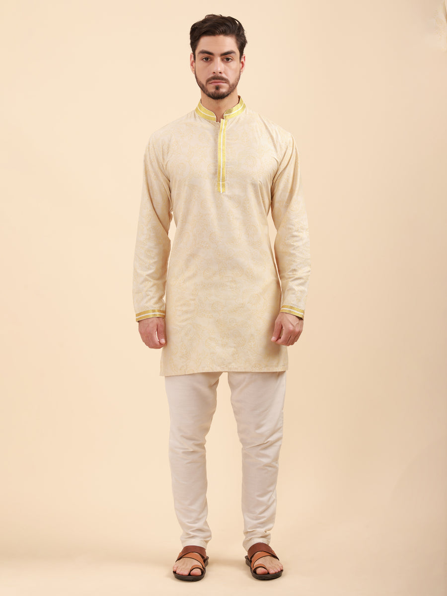 Men Floral Print Poly Viscose Mandarin Collar Kurta