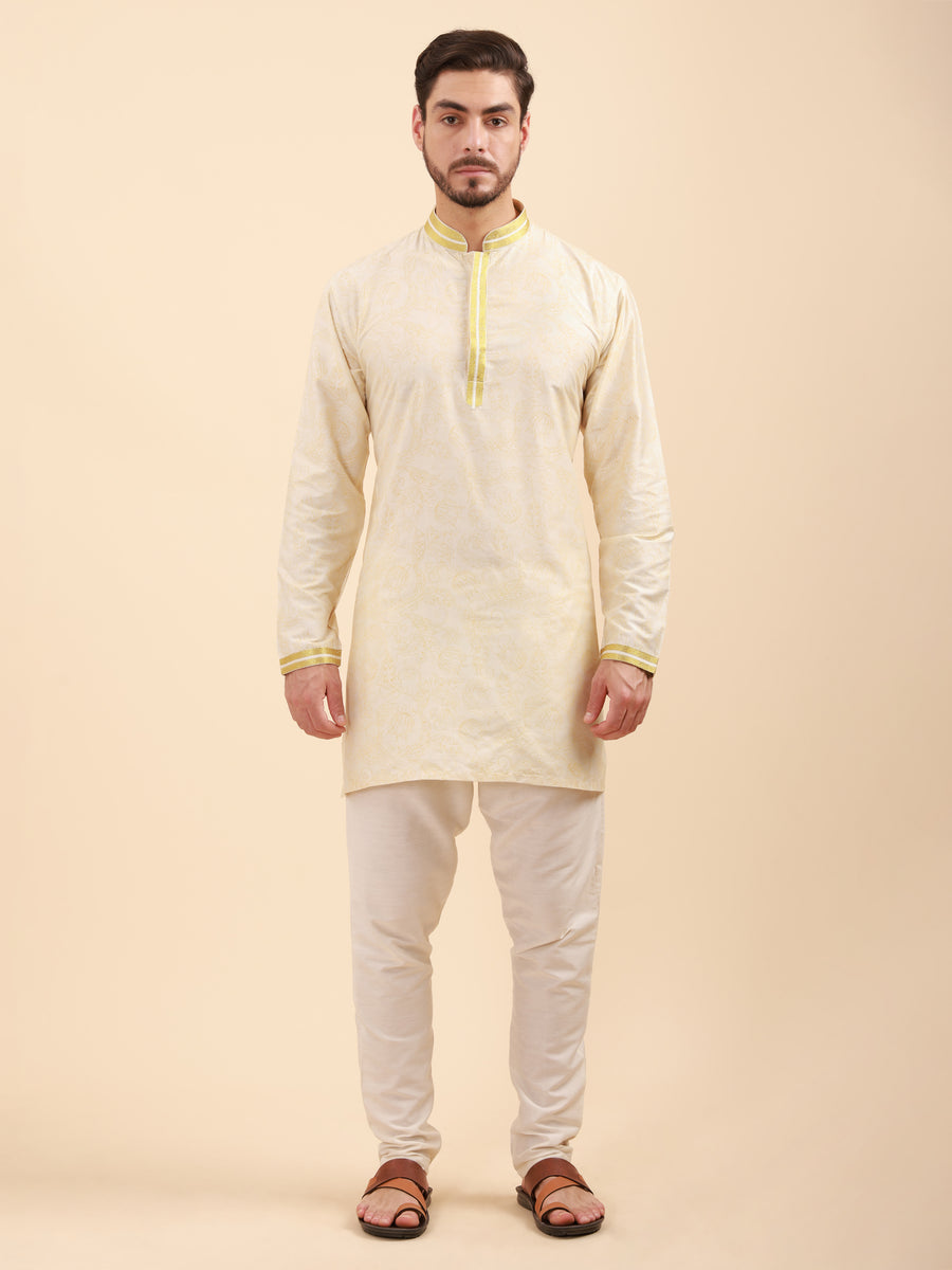 Men Floral Print Poly Viscose Mandarin Collar Kurta