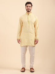 Men Floral Print Poly Viscose Mandarin Collar Kurta