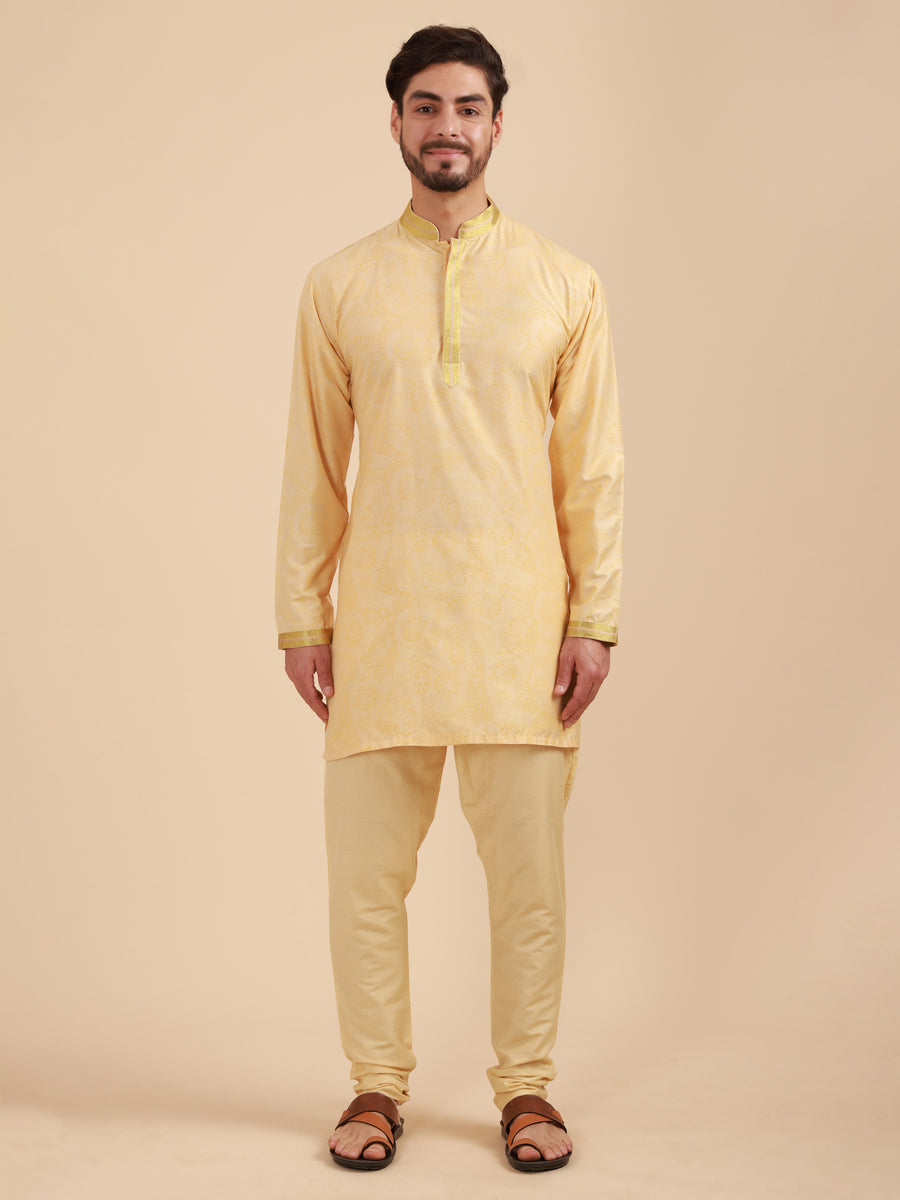 Men Floral Print Soft Silk Mandarin Collar Kurta & Pyjama Set