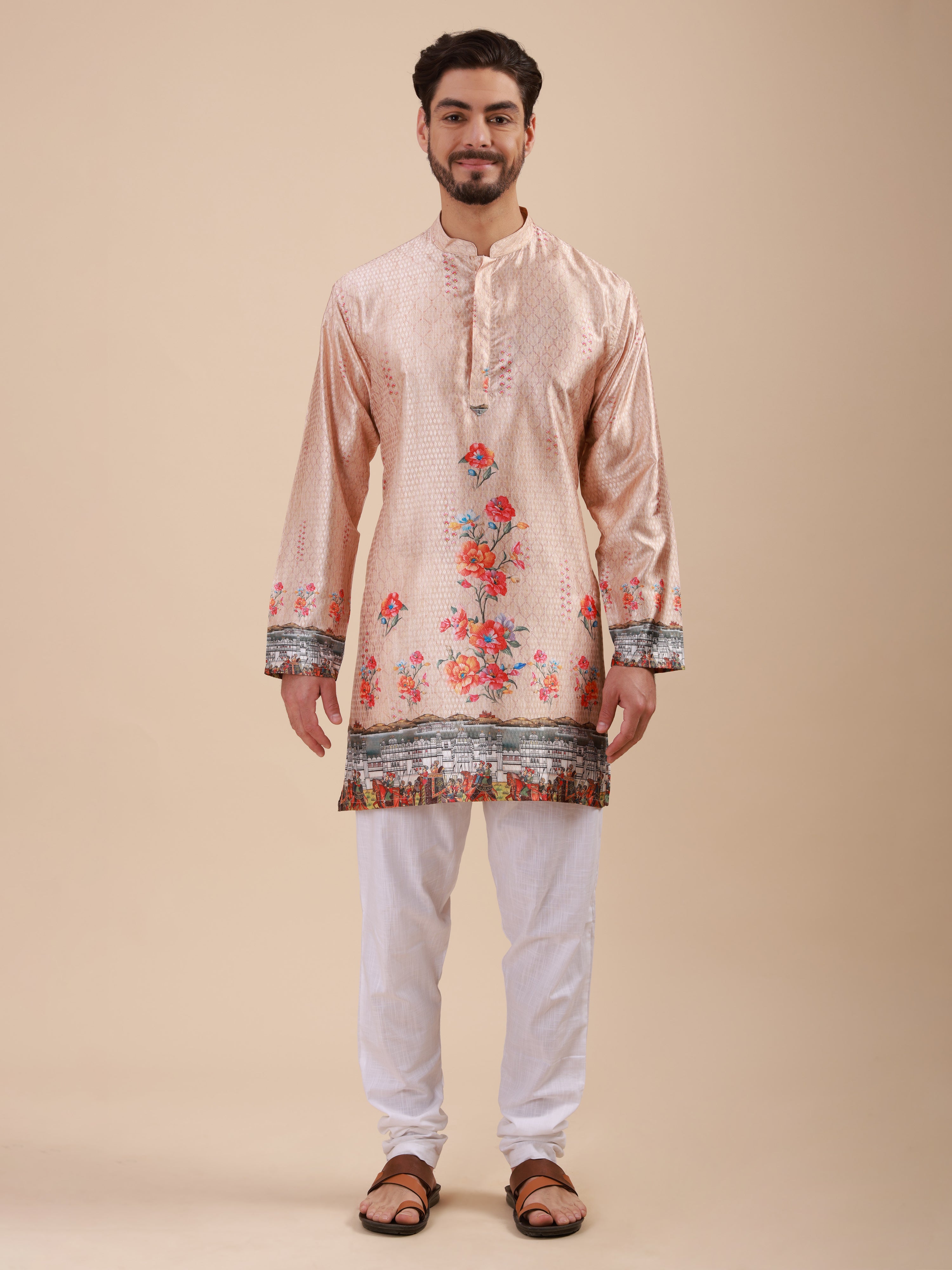 Men Solid Colour Art Silk Mandarin Collar Kurta