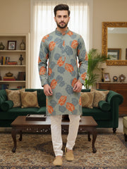 Men Digital Print Cotton Kurta | Mandarin Collar, Side Pockets, Button Closure | Ethnic Wear for Men – Machine Washable
