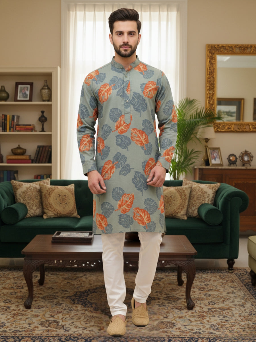 Men Digital Print Cotton Kurta | Mandarin Collar, Side Pockets, Button Closure | Ethnic Wear for Men – Machine Washable