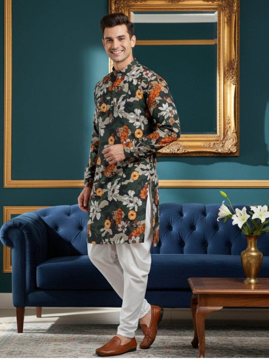 Men Digital Print Cotton Kurta | Mandarin Collar, Side Pockets, Button Closure | Ethnic Wear for Men – Machine Washable
