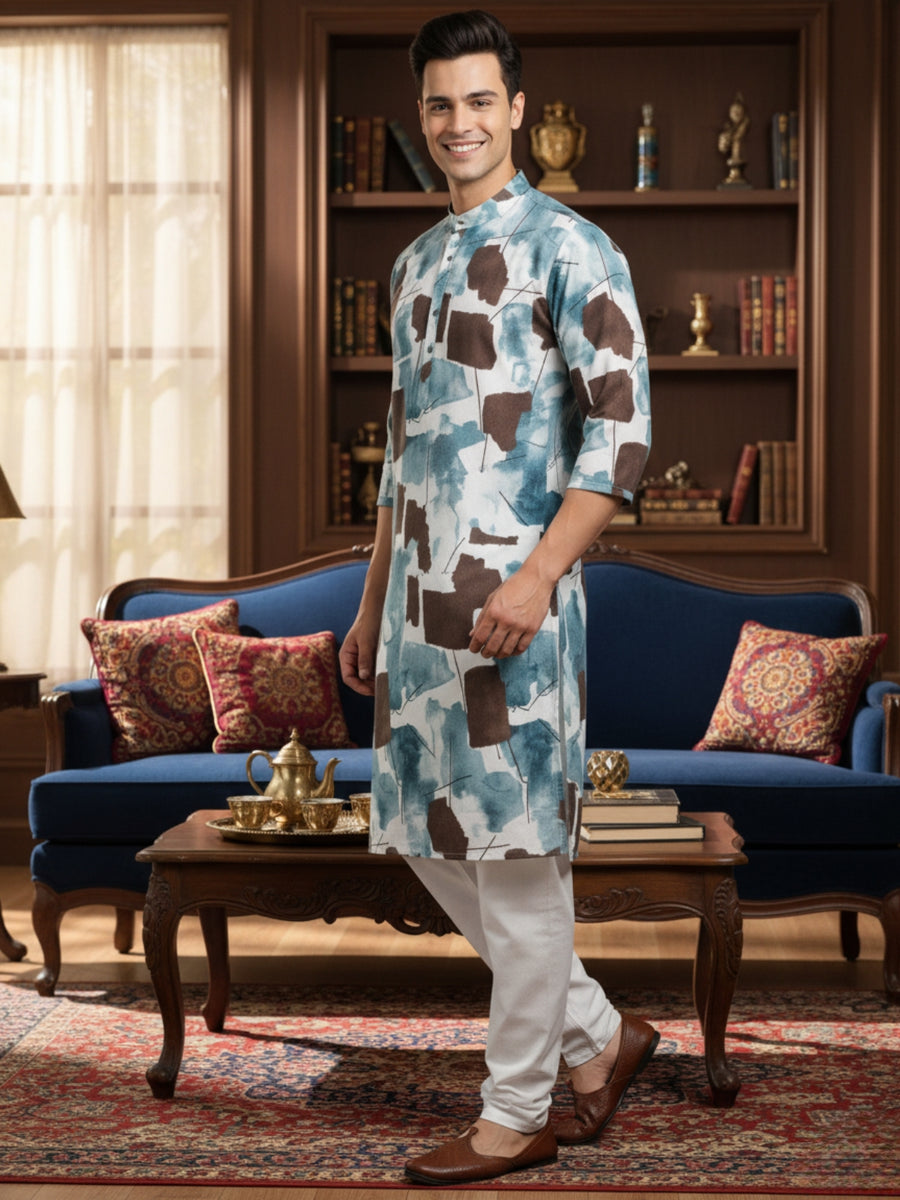 Men Digital Print Cotton Kurta | Mandarin Collar, Side Pockets, Button Closure | Ethnic Wear for Men – Machine Washable