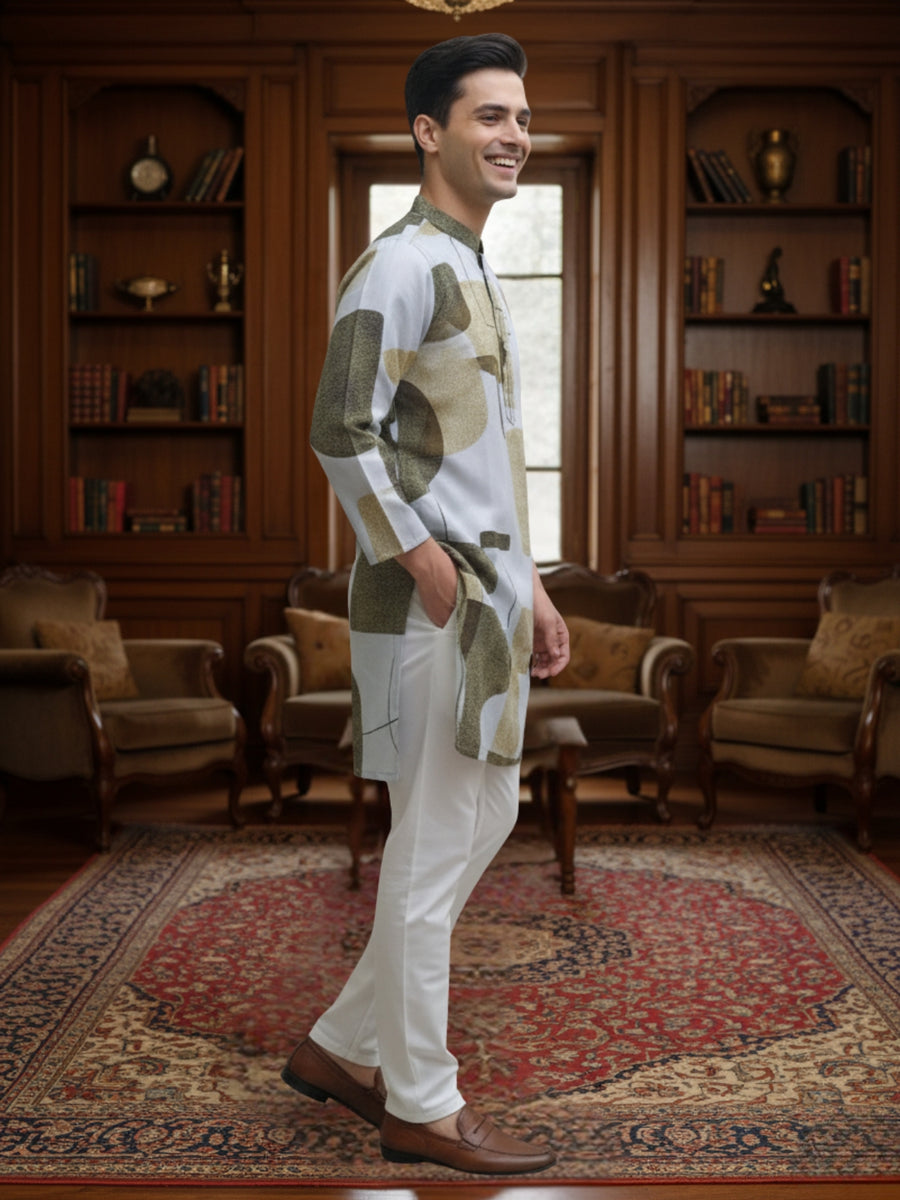 Men Digital Print Cotton Kurta | Mandarin Collar, Side Pockets, Button Closure | Ethnic Wear for Men – Machine Washable