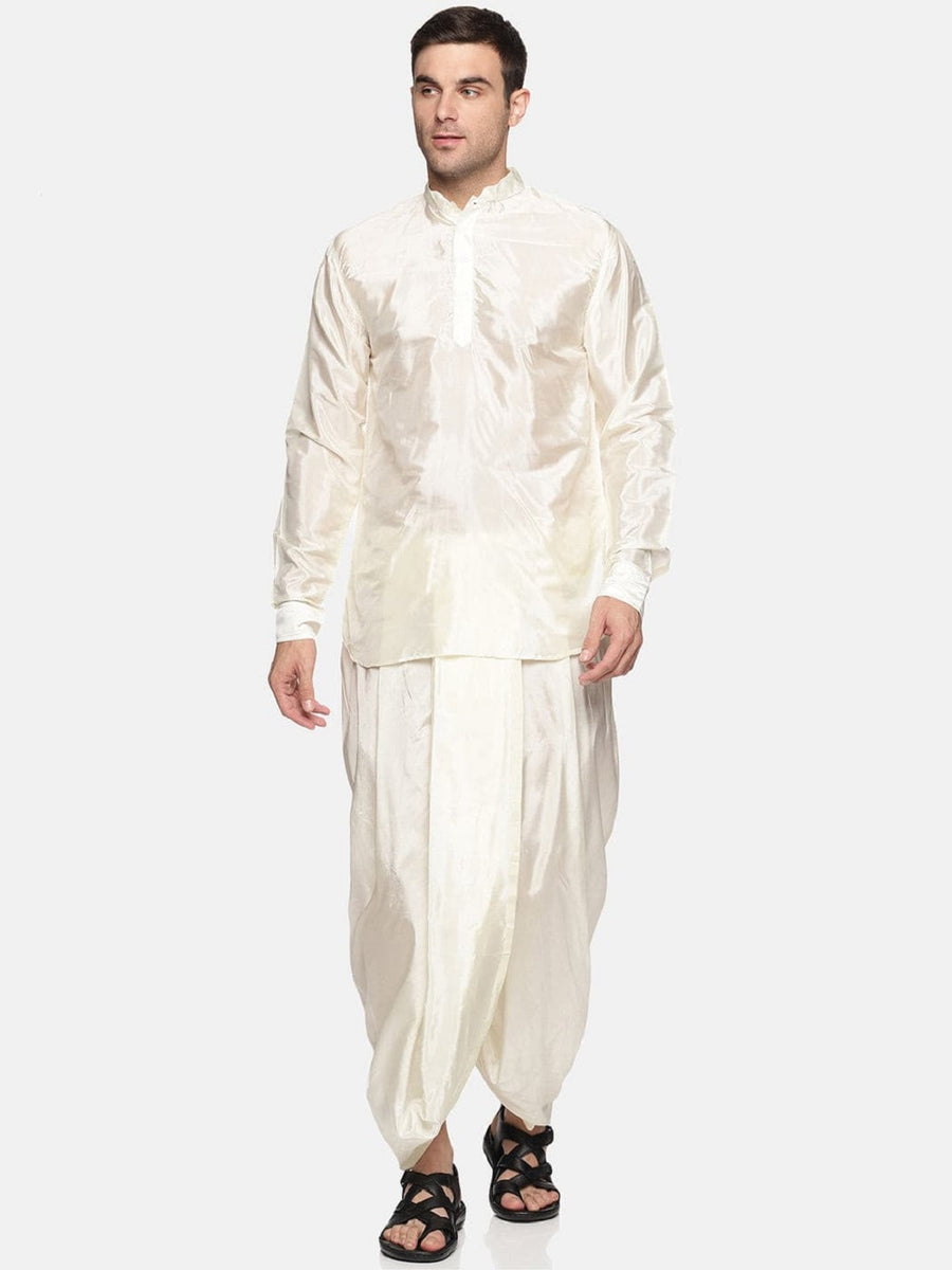 Men Off White Colour Art Silk Kurta Dhoti Pant Set