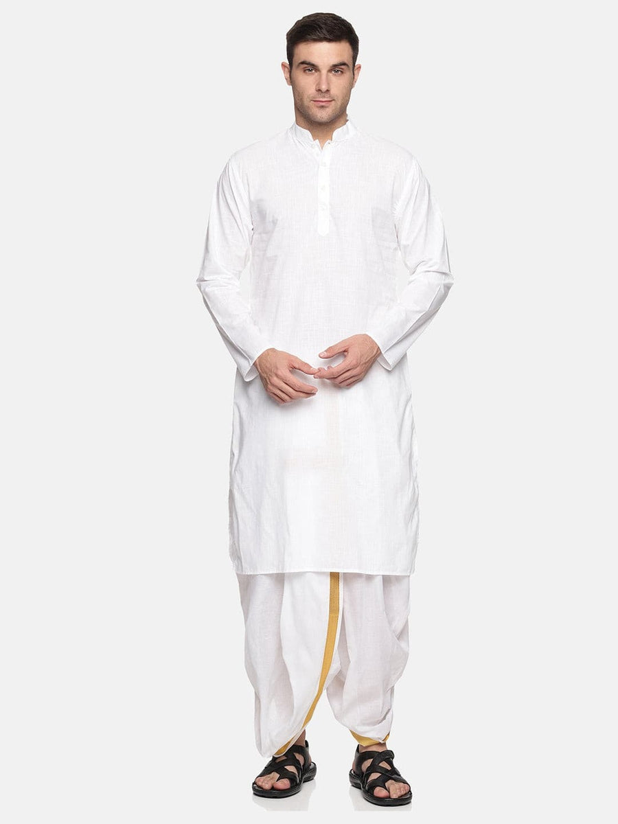 Men White Colour Cotton Kurta Dhoti Pant Set