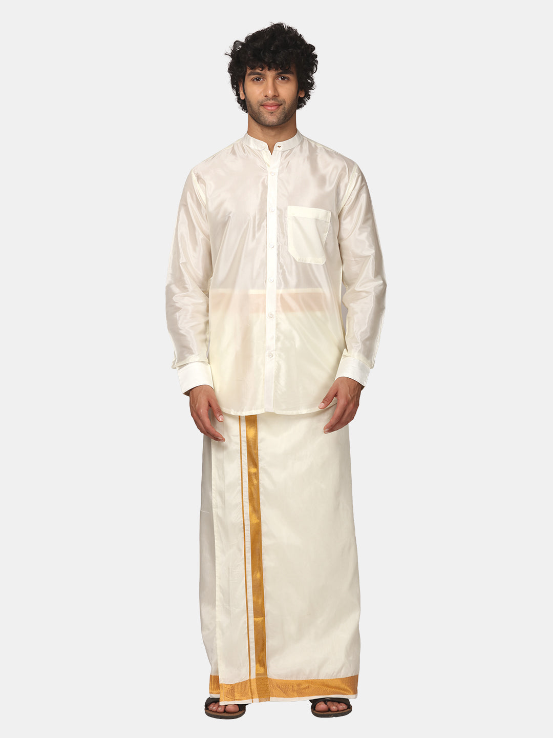 Men Artsilk Chinese Collar Shirt and Readymade Dhoti Set