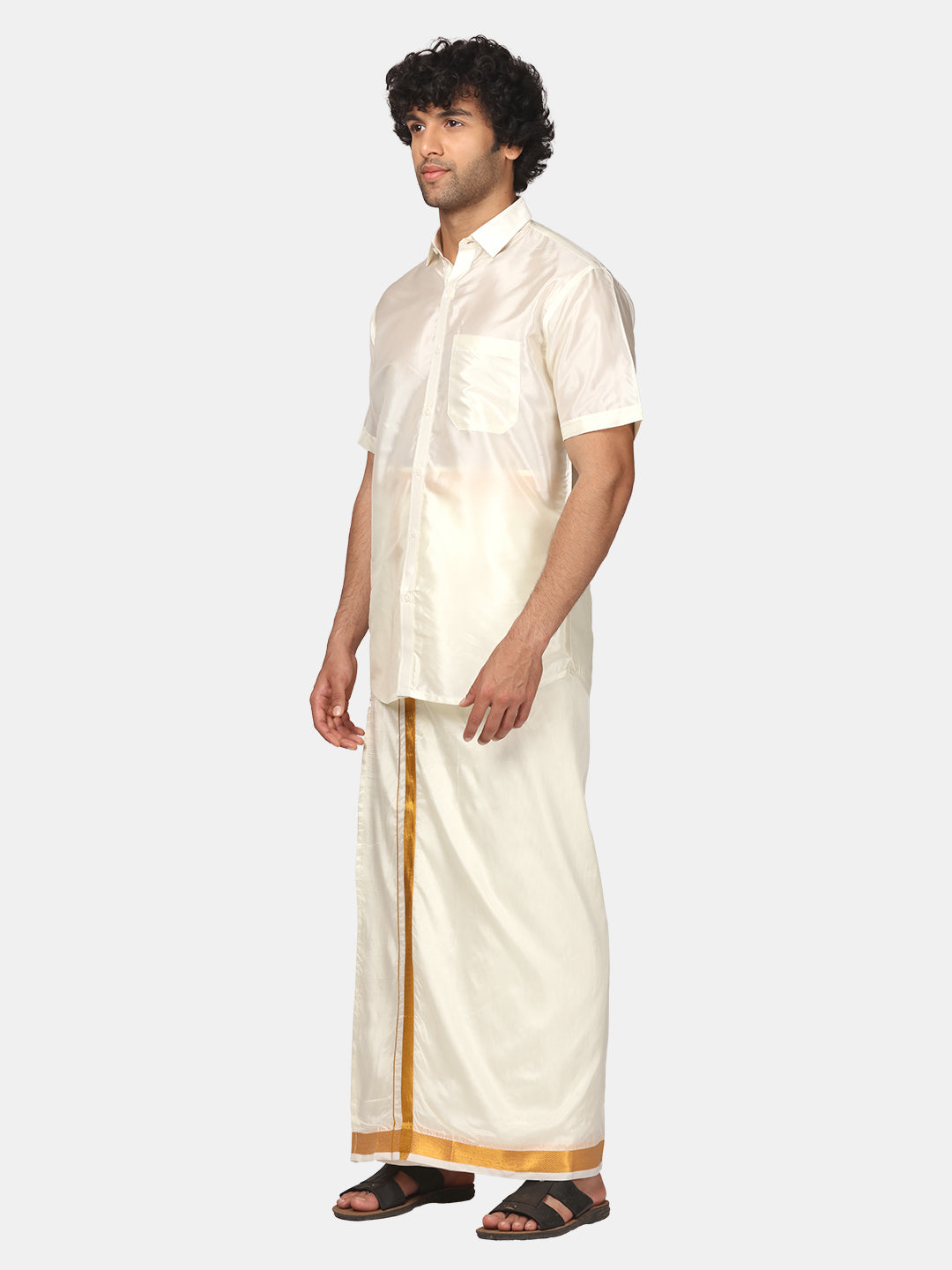 Men Artsilk Half Sleeve Shirt and Ready to Wear Pocket Dhoti Matching Set
