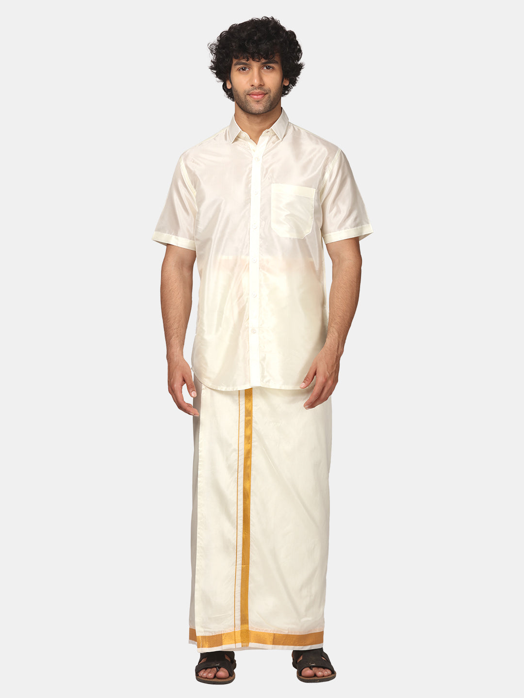 Men Artsilk Half Sleeve Shirt and Ready to Wear Pocket Dhoti Matching Set