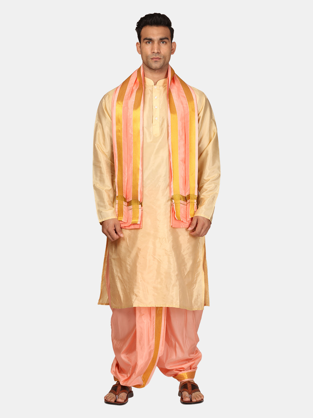 Men Artsilk Solid Colour Kurta and Dhoti Pant with Angavastram Set