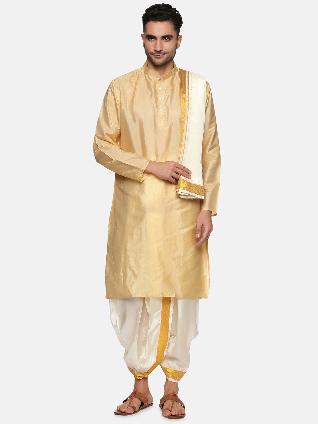 Men Biscuit Colour Art Silk Kurta Dhoti Pant Set