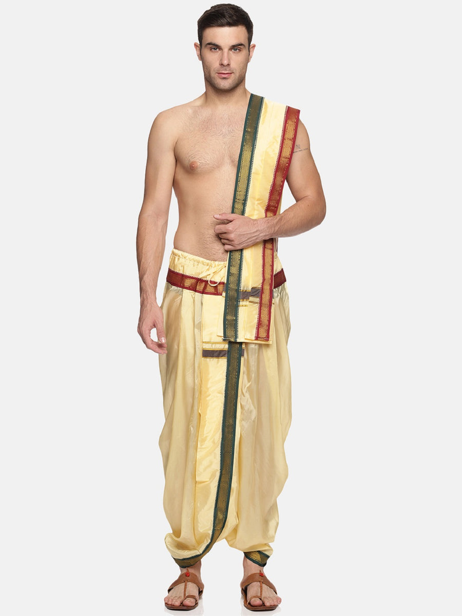 Men Colour Art Silk Dhoti Angavastram Combo Set