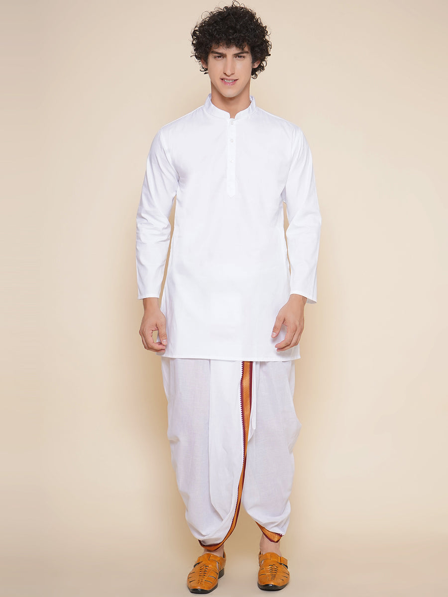 Men Cotton White Colour Kurta and Dhoti Pant Set