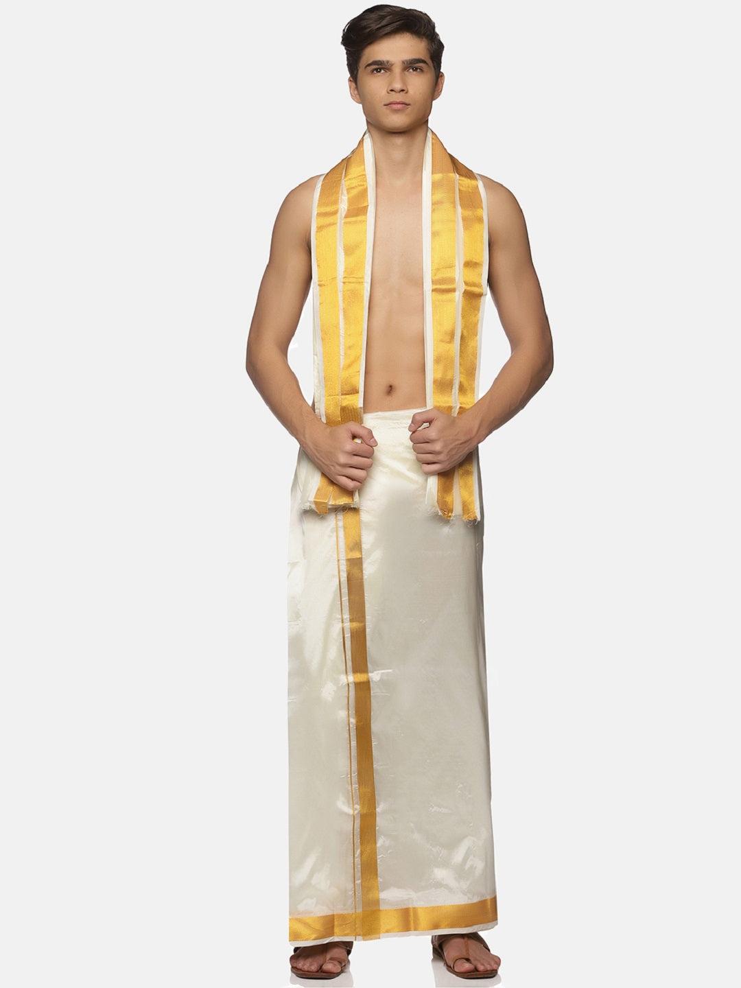 Men Cream Art Silk Readymade Dhoti With Angavastram Set