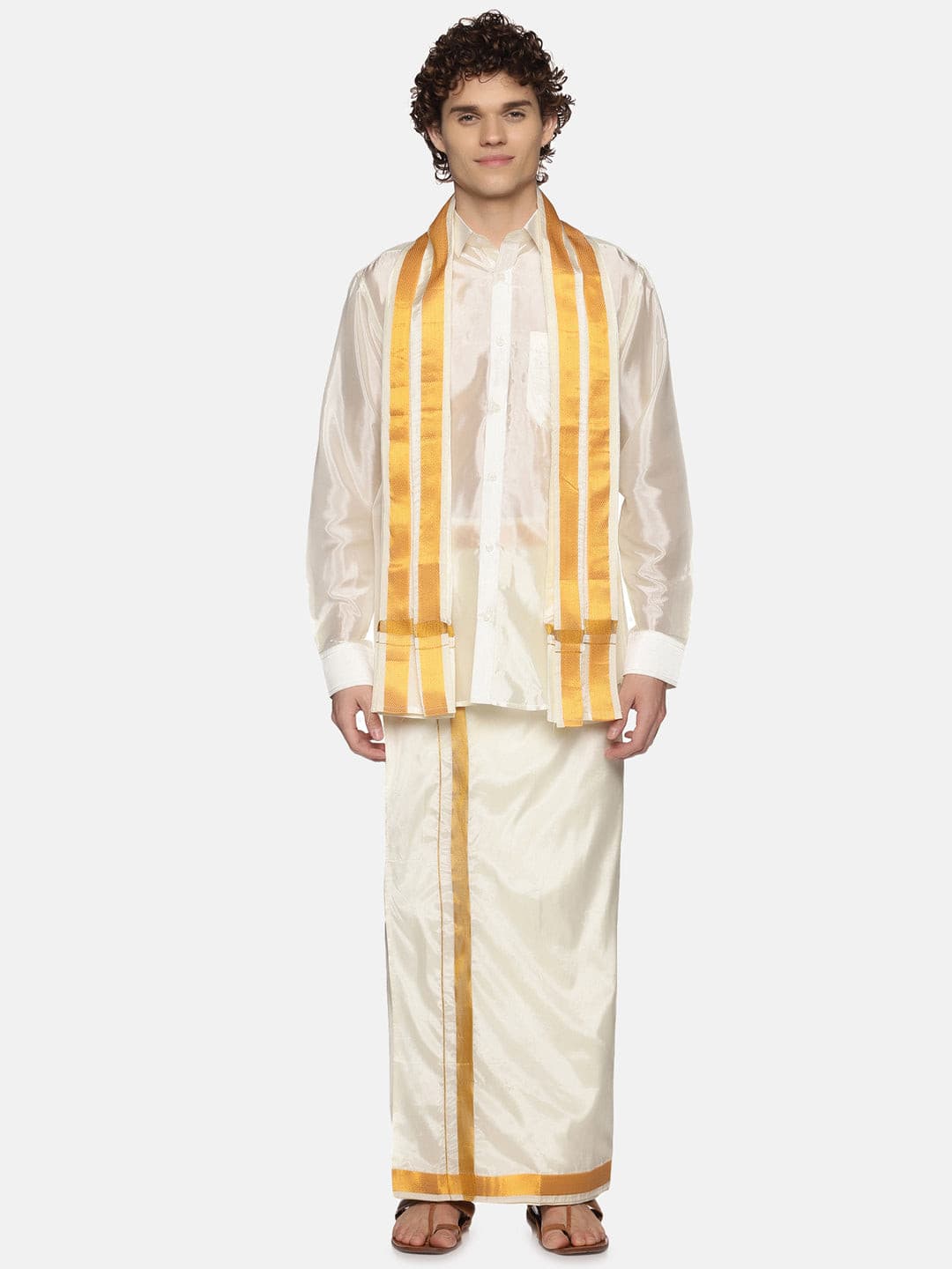 Men Cream Colour Art Silk Dhoti Angavastram Combo Set