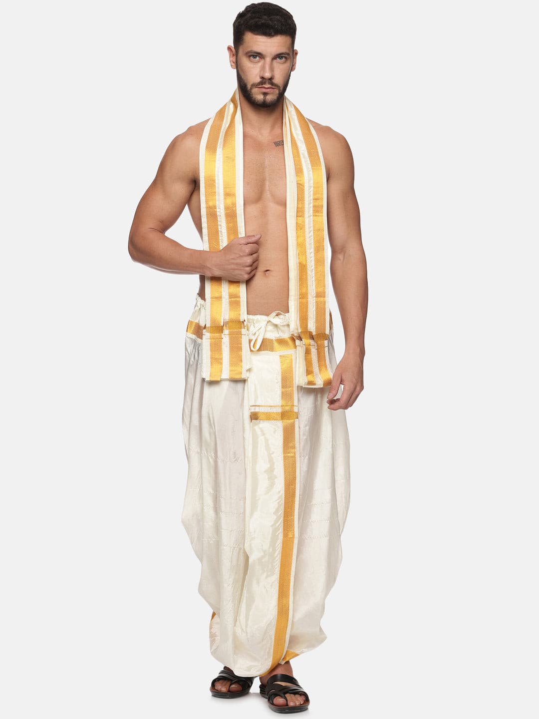 Men Cream Colour Art Silk Dhoti Angavastram Combo Set