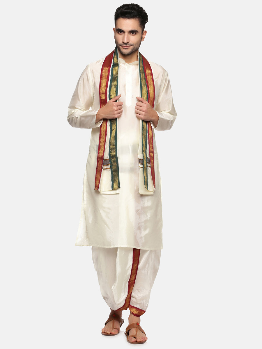 Men Cream Colour Art Silk Kurta Dhoti Pant Set