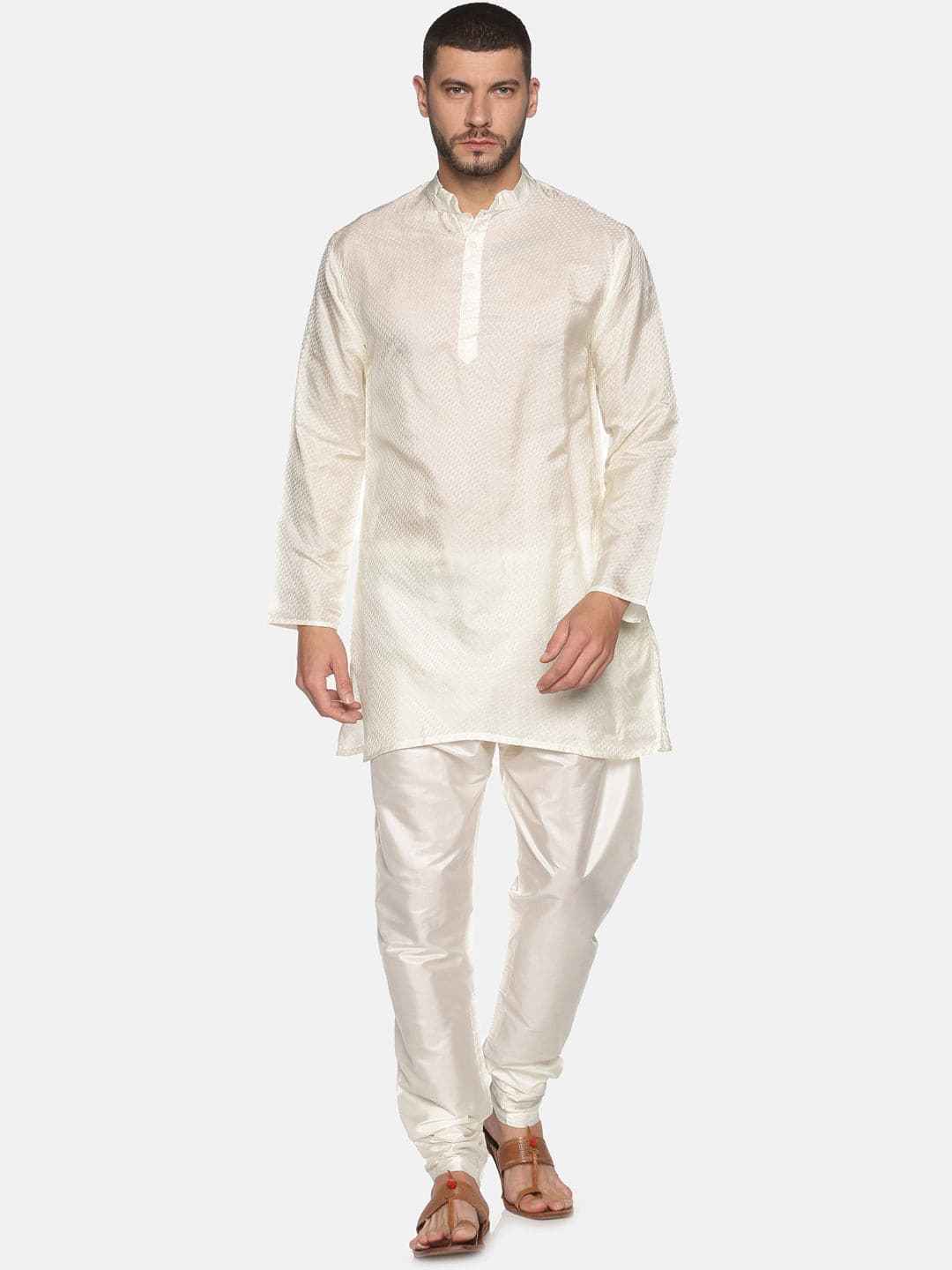 Men Cream Colour Art Silk Kurta Pyjama Set