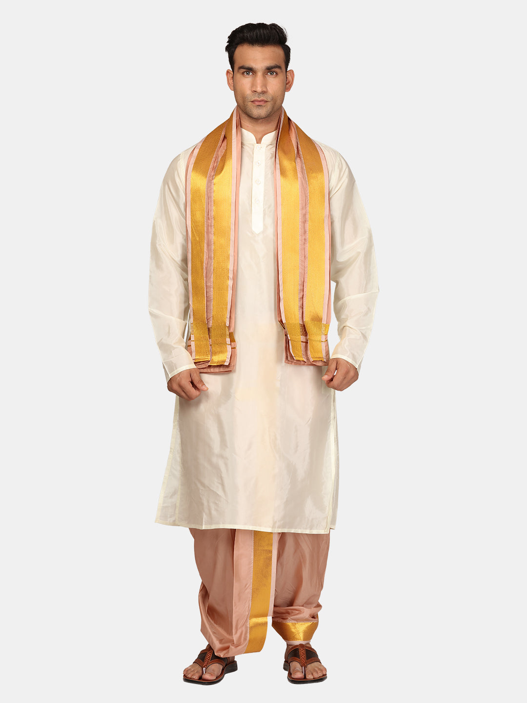 Men Cream Colour Kurta Dhoti Pant and Angavastram Set