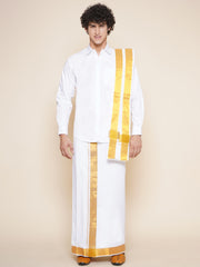 Men Full Sleeve White Colour Shirt and Pocket Dhoti with Angavastram Set