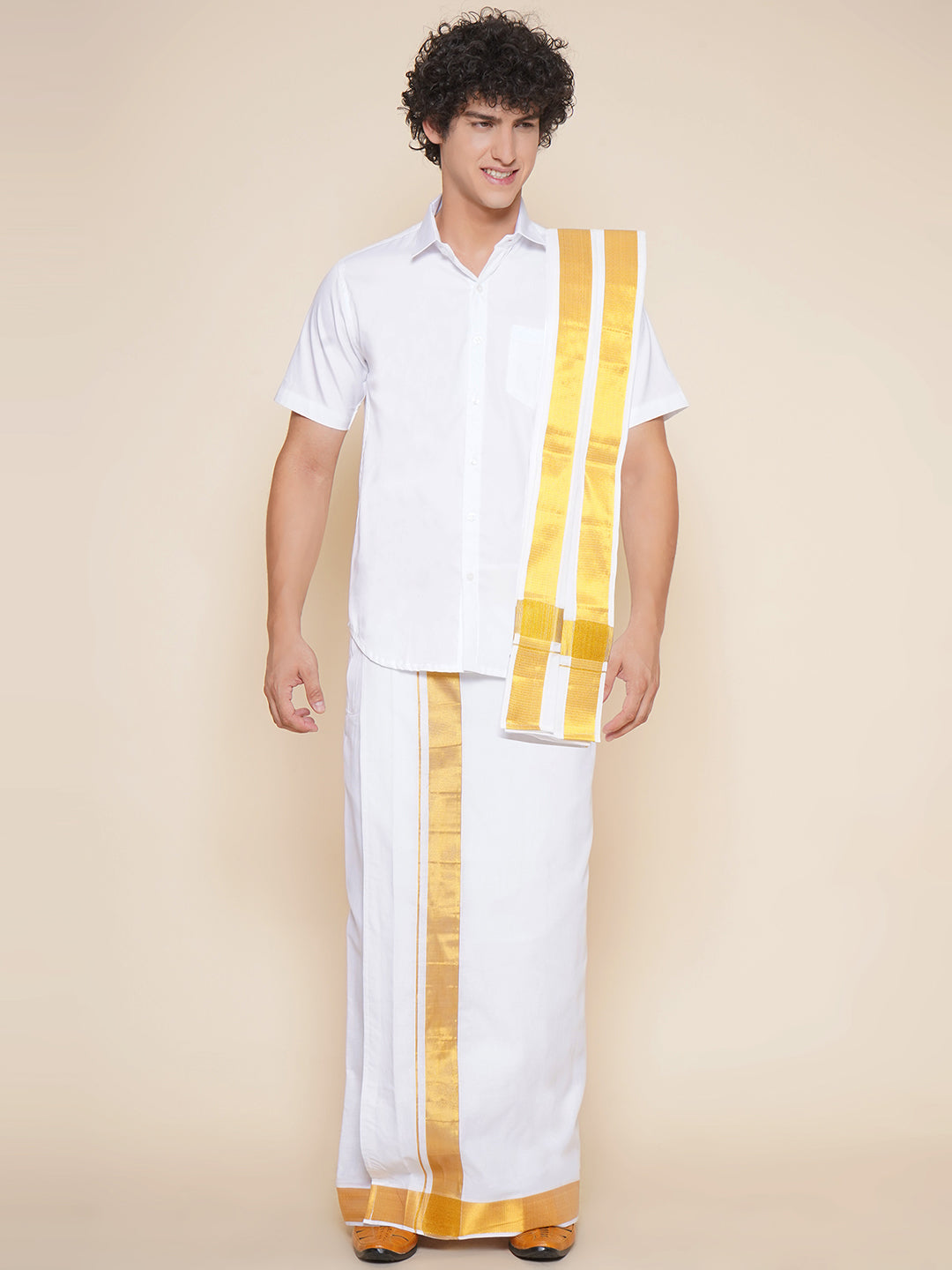 Men Half Sleeve White Colour Shirt and Pocket Dhoti with Angavastram Set