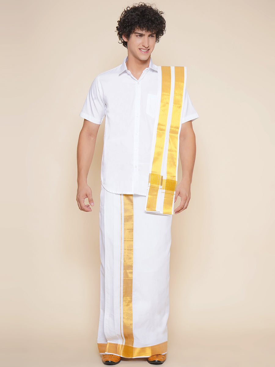 Men Half Sleeve White Colour Shirt and Pocket Dhoti with Angavastram Set