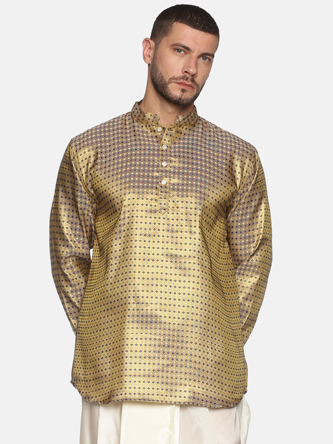 Men Jacquard Blue Diamond Short Kurta