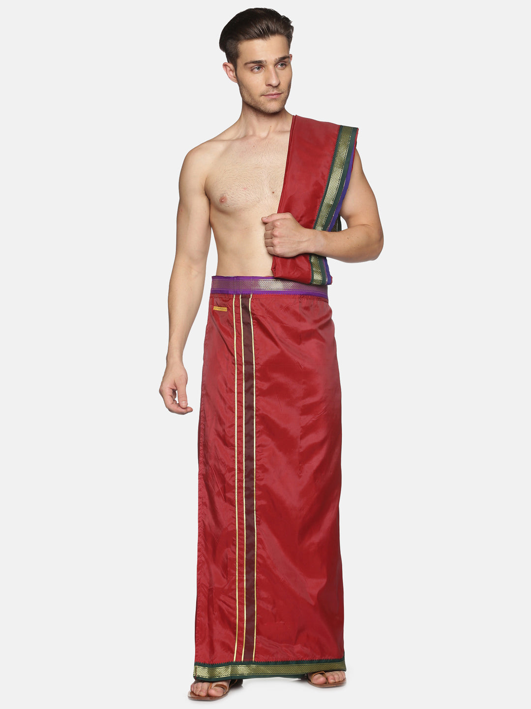 Men Maroon Art Silk Readymade Dhoti With Angavastram Set