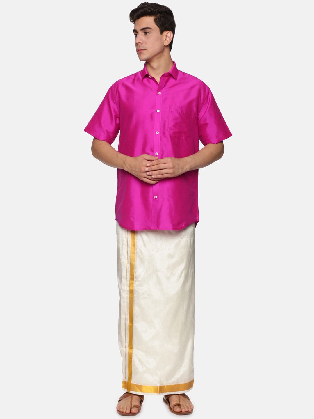 Men Solid Magenta Colour Half Sleeve Shirt Pocket Dhoti Set