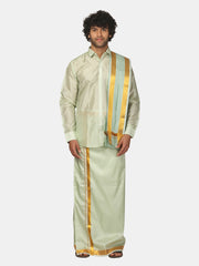 Mens Art Silk Full Sleeve Shirt with Pocket Dhoti and Angavastram Set