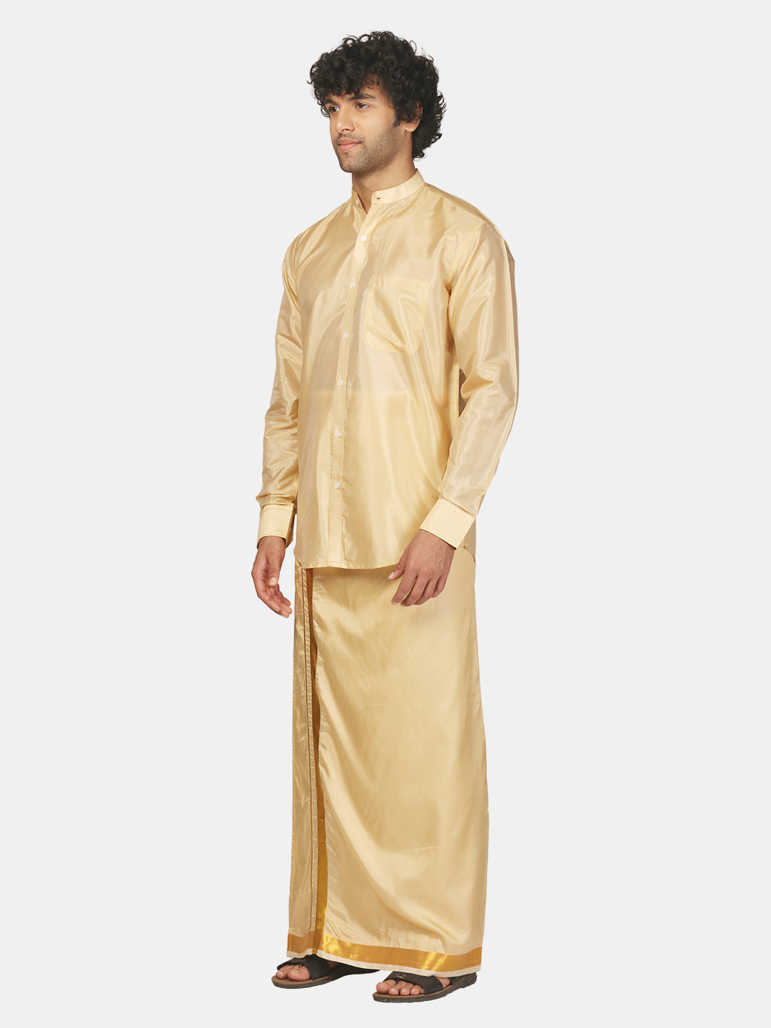 Men Art Silk Solid Colour Shirt With Readymade Dhoti And Angavastram