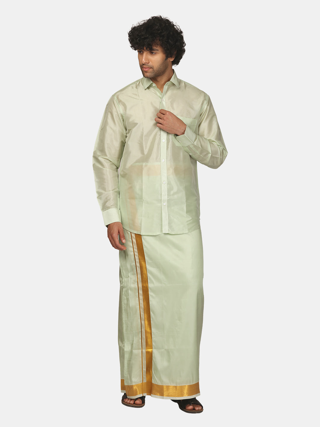 Men Solid Colour Art Silk Readymade Dhoti with Angavastram Set