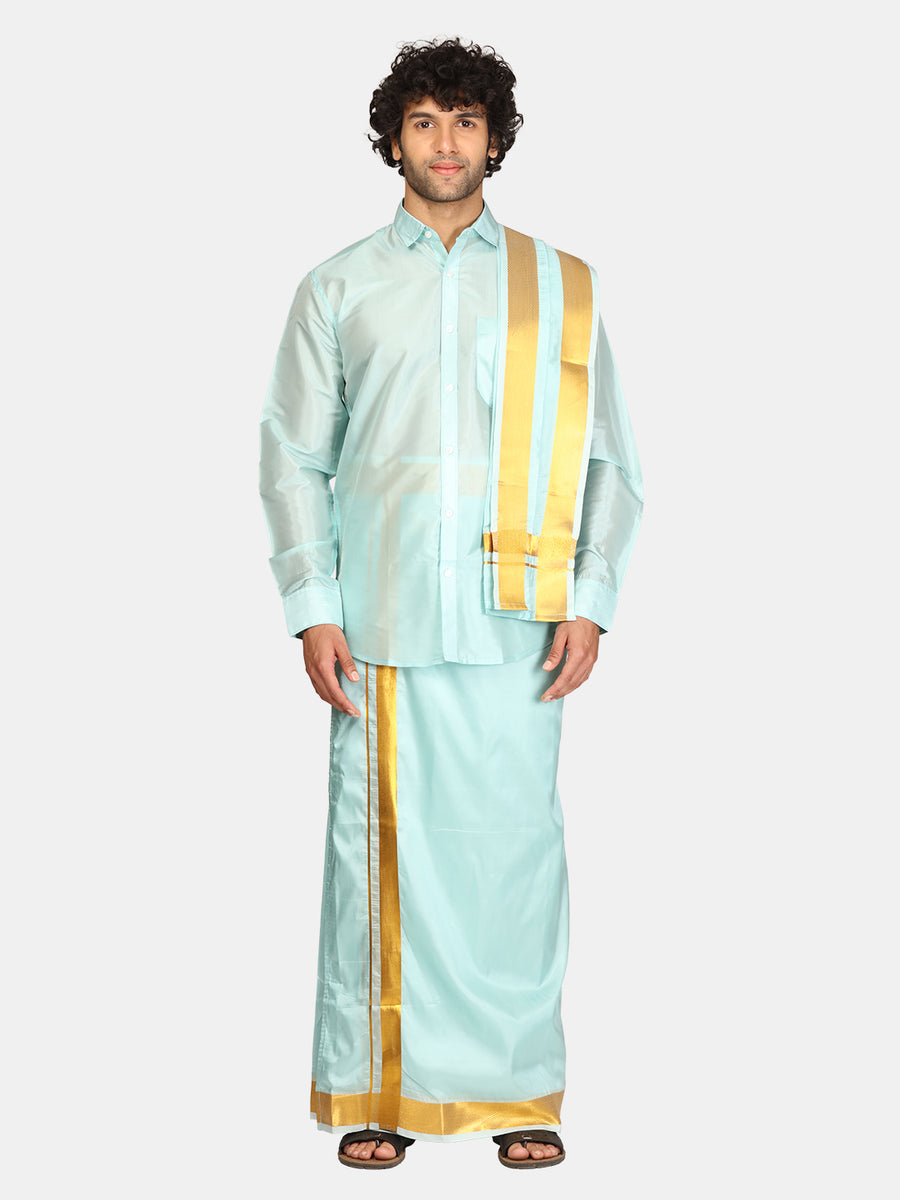 Men Solid Colour Art Silk Readymade Dhoti with Angavastram Set