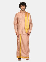 Men Solid Colour Art Silk Readymade Dhoti with Angavastram Set