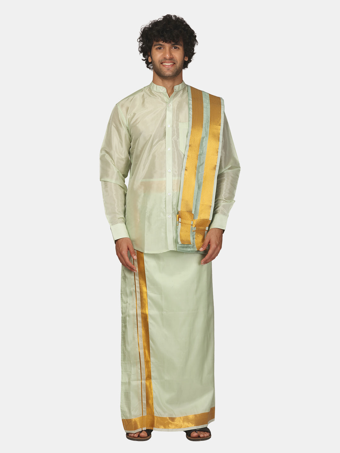 Men Solid Colour Art Silk Readymade Dhoti with Angavastram Set