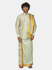 Men Solid Colour Art Silk Readymade Dhoti with Angavastram Set