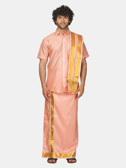 Men Solid Colour Art Silk Readymade Dhoti with Angavastram Set