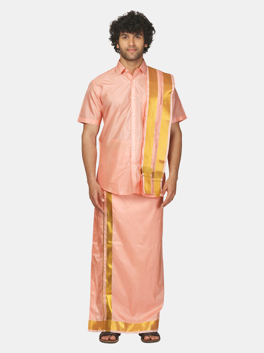 Men Solid Colour Art Silk Readymade Dhoti with Angavastram Set