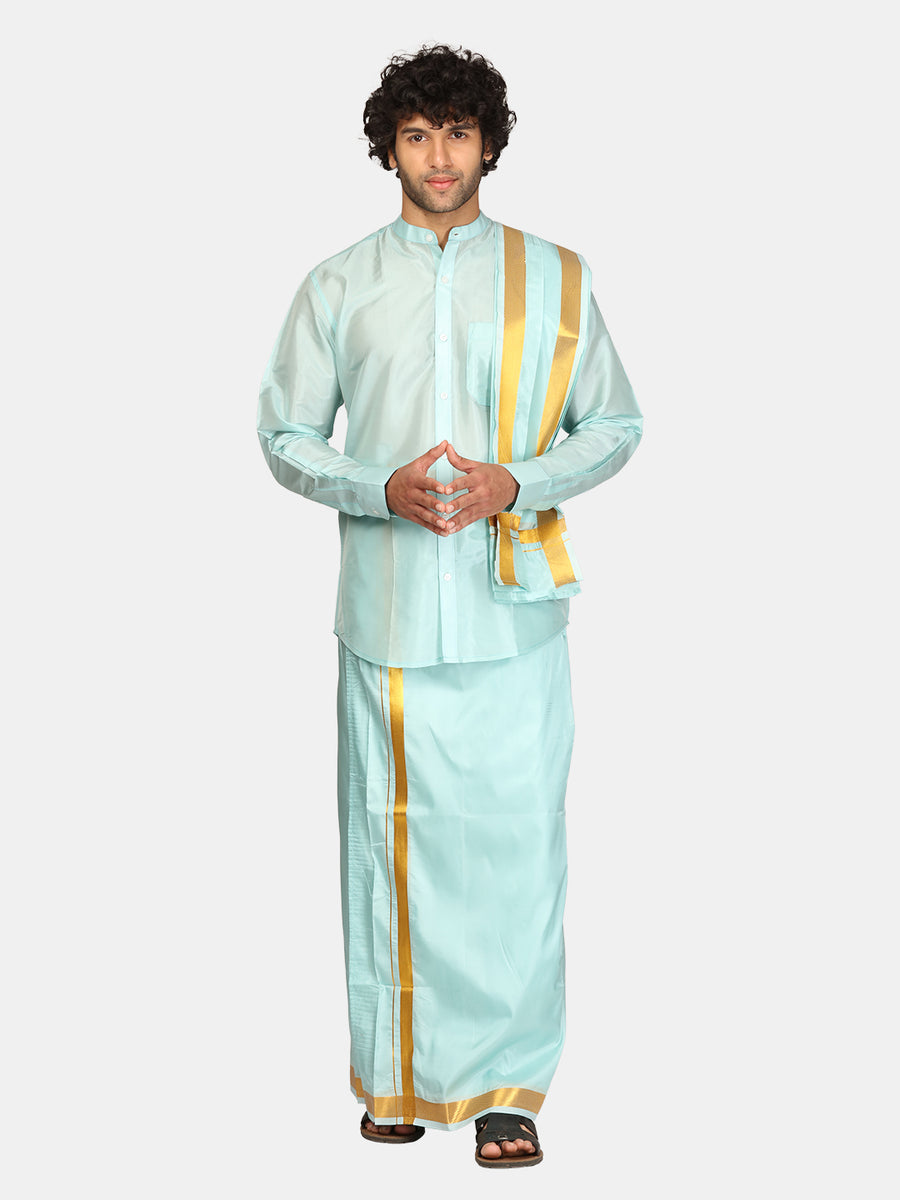Men Art Silk Solid Colour Shirt With Readymade Dhoti And Angavastram