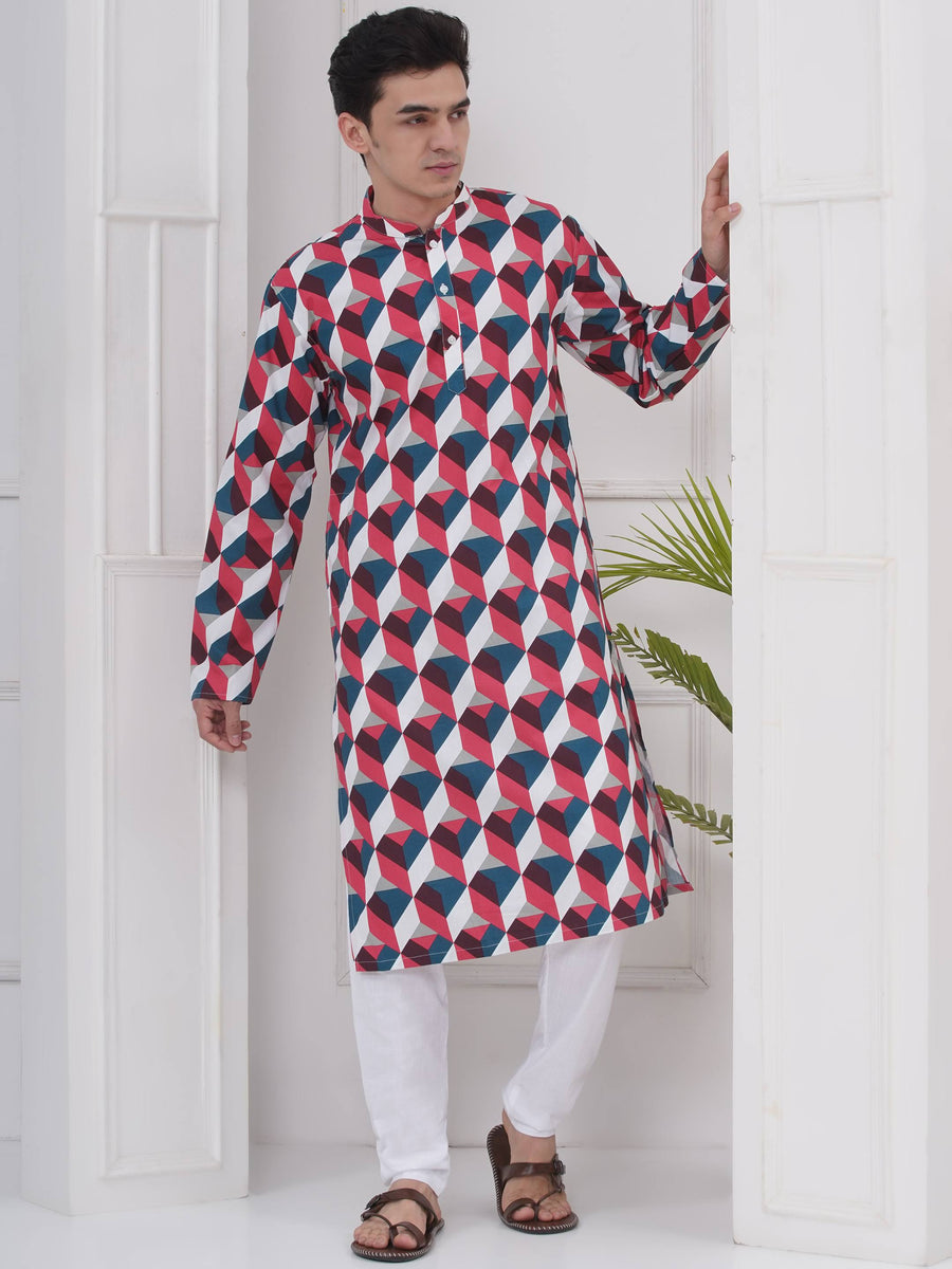 Mens Readymade Cotton Popline Print Kurta And Pyjama Set