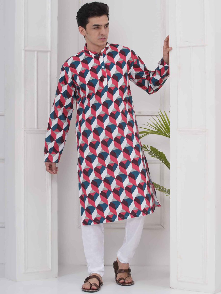 Mens Readymade Cotton Popline Print Kurta And Pyjama with Nehru Jacket